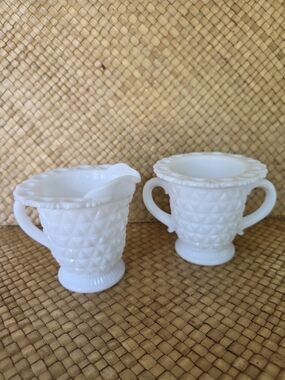 Vintage White Hobnail Milk Glass Creamer and Sugar Set - Classic Tableware